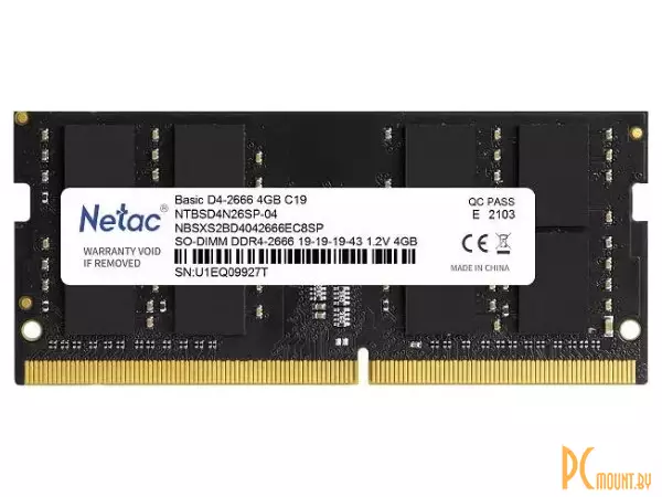 Память для ноутбука SODDR4, 4GB, PC21300 (2666MHz), Netac NTBSD4N26SP-04